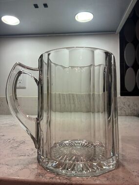 Glass Pitcher Heavy Crystal Early 20th Century Starburst Bottom Paneled Sides 6”